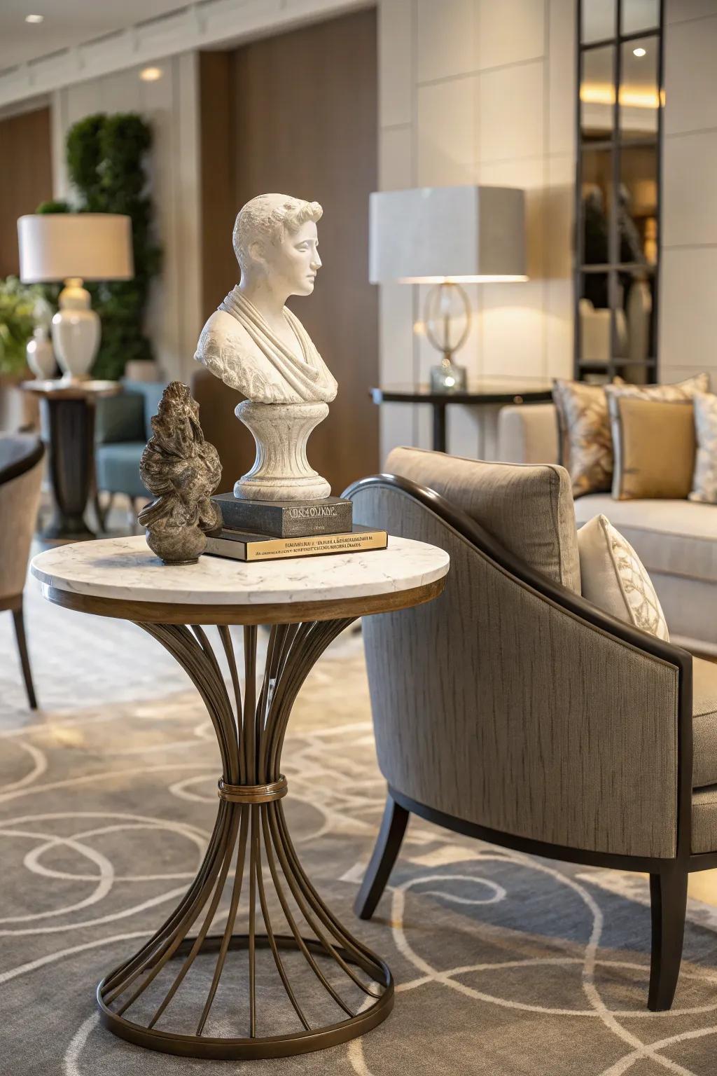 An extraordinary sculpture introduces artistic fascination to a side table.