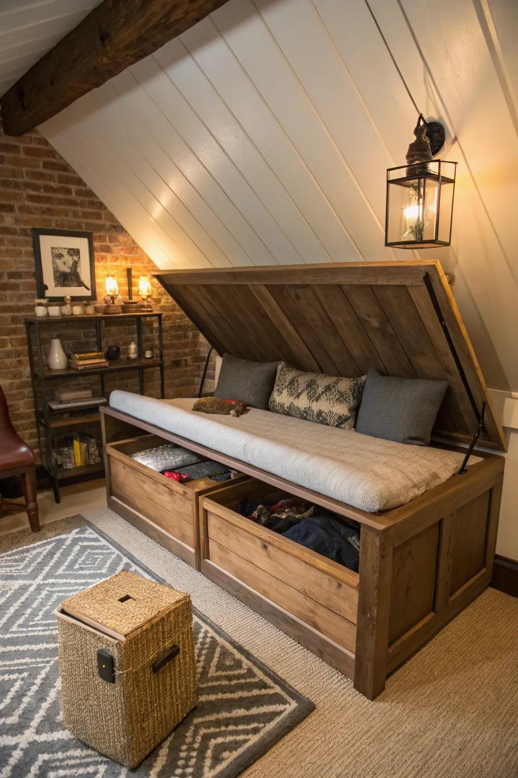A bench with storage is as handy as it is charming in an angled attic.