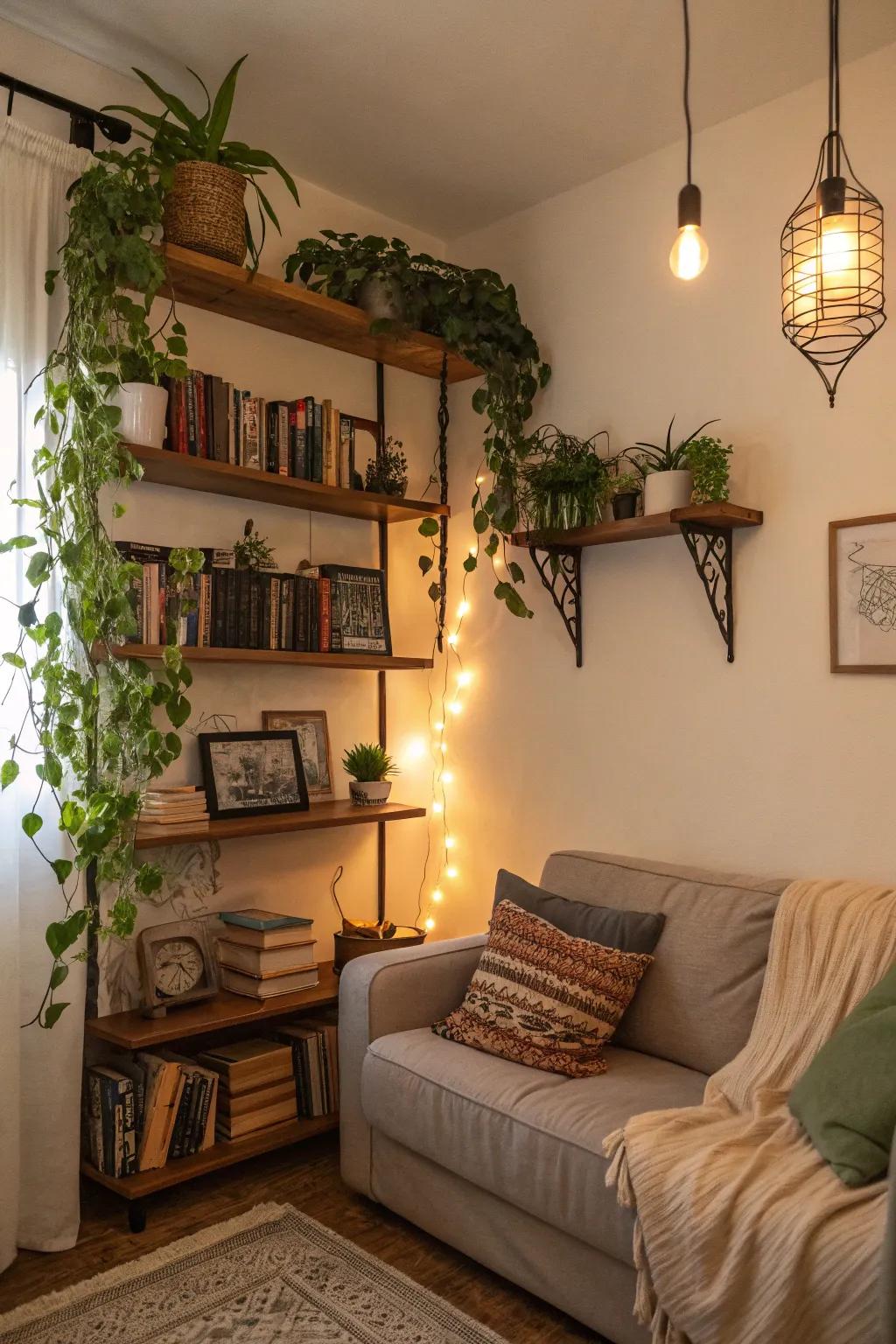 Space up high is your friend in small areas, adding both storage and style.