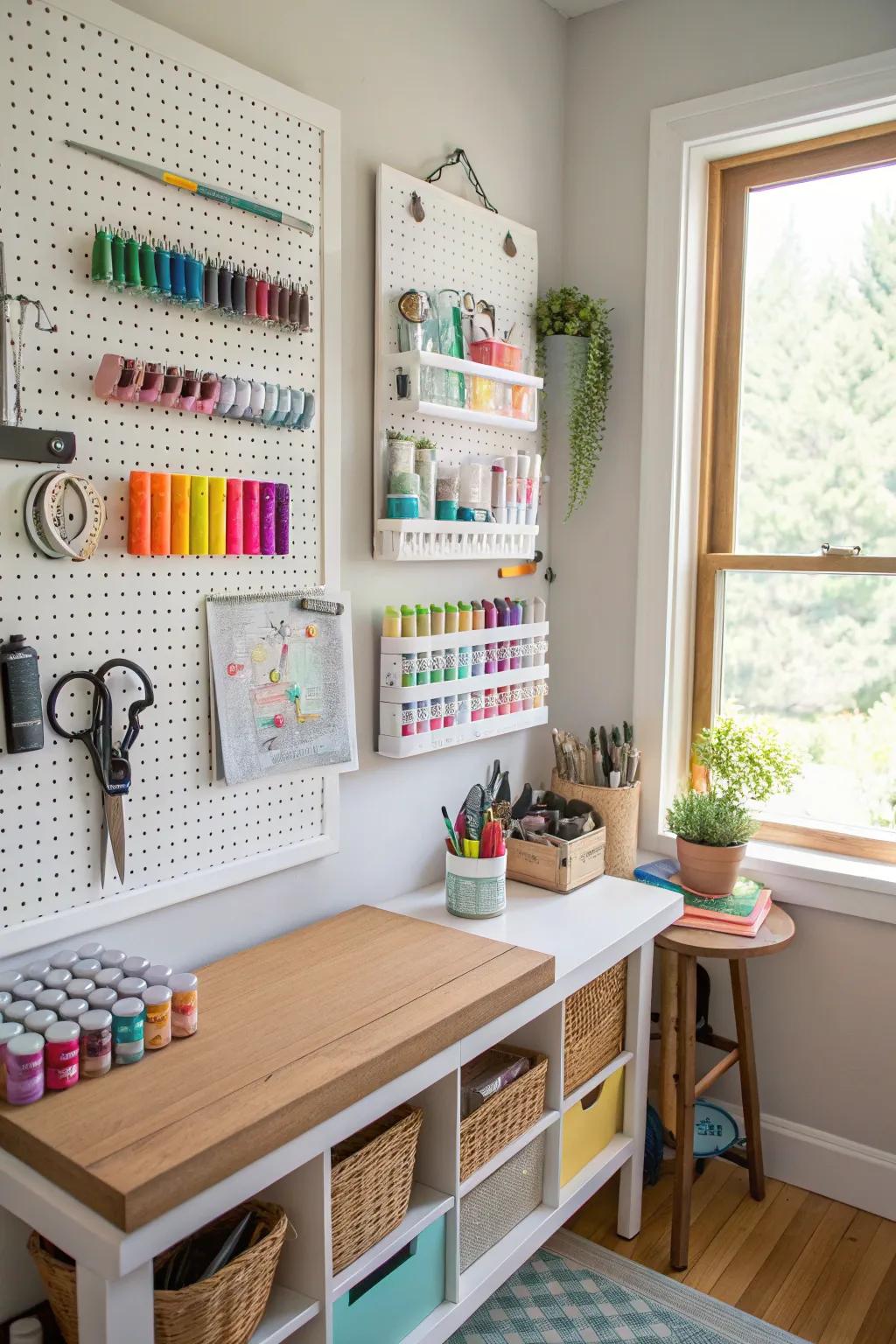 A pegboard in a crafting room provides flexible storage for all kinds of supplies.