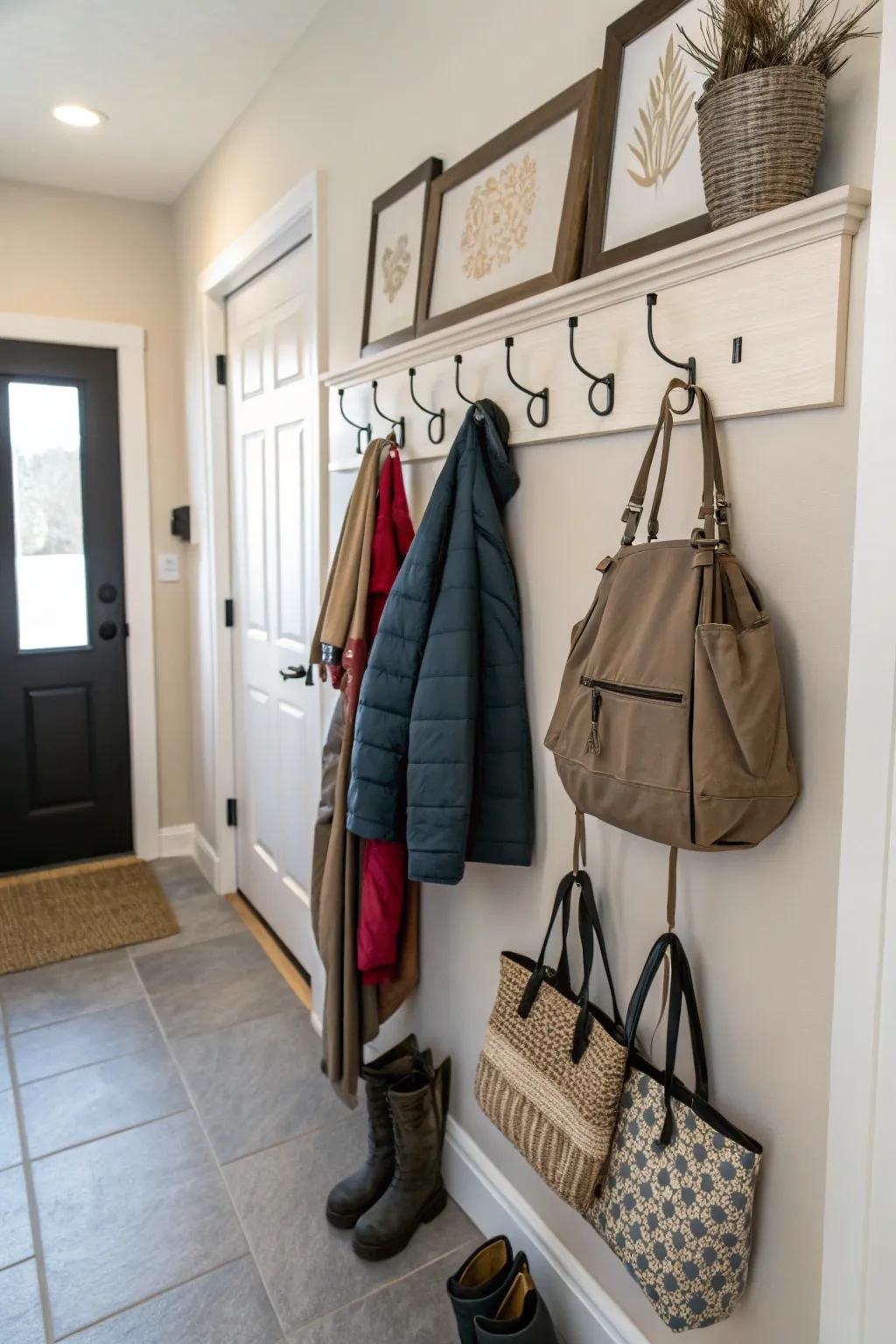 Wall-mounted hooks offer practical storage solutions.