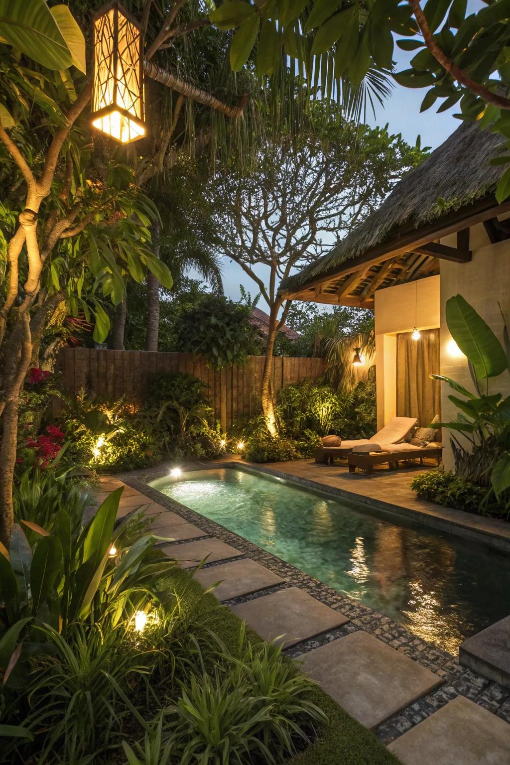 Mood lighting transforms your pool space into a magical nighttime getaway.