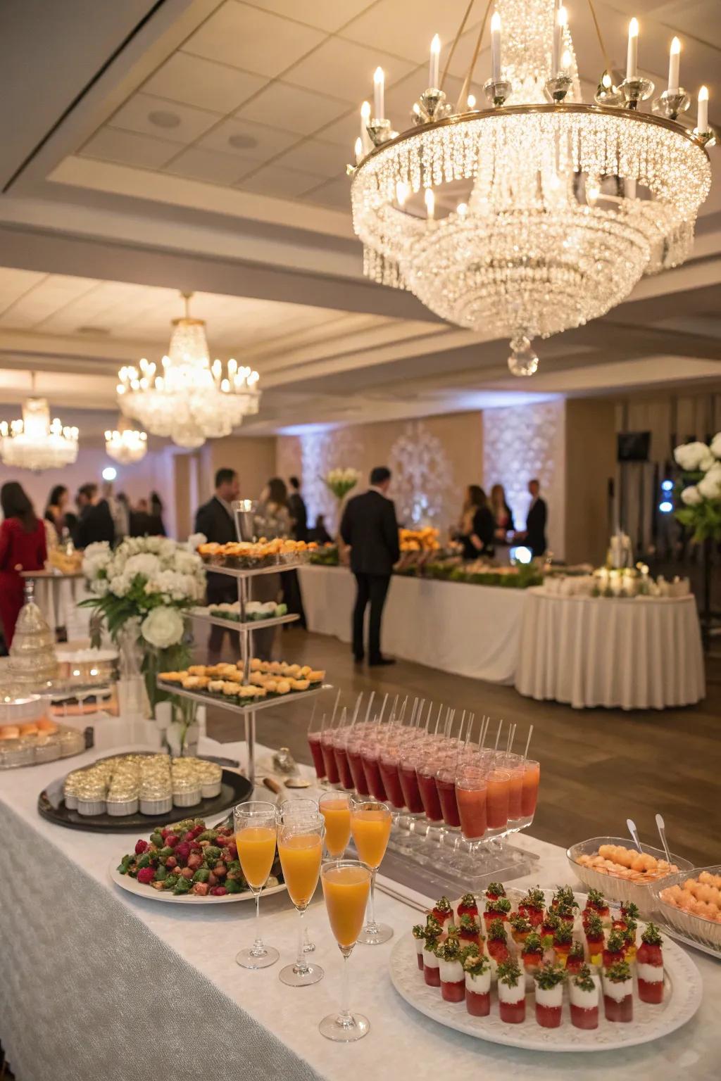 A lively cocktail-style reception setup for a small wedding at home.