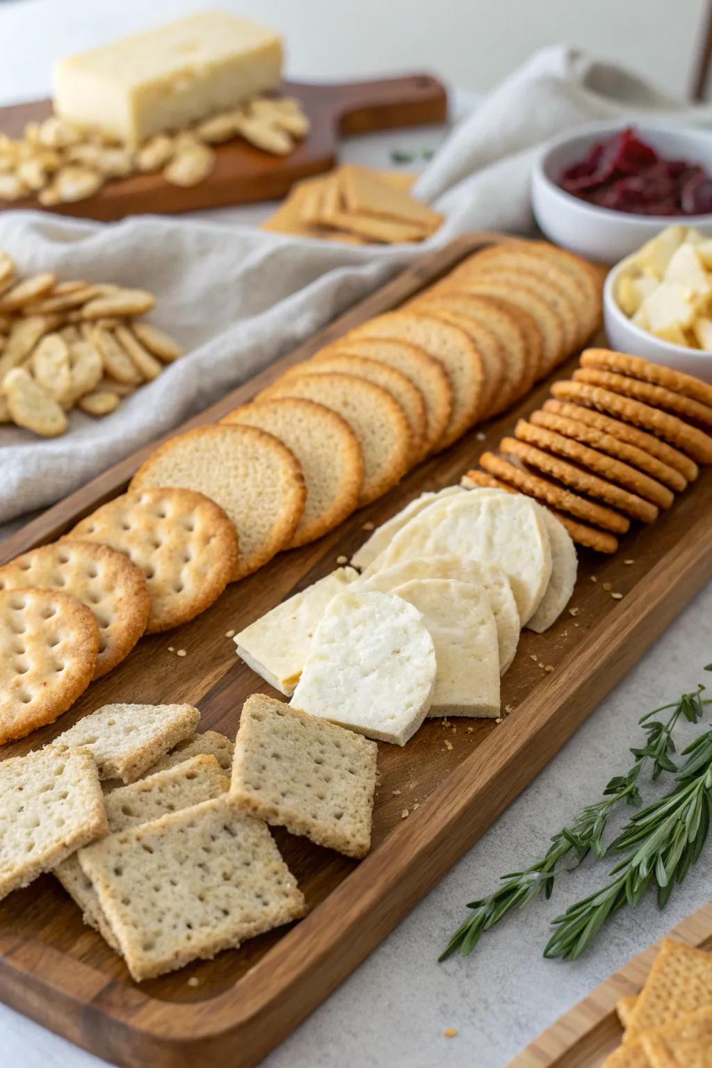A variety of crackers and breads to suit every topping.