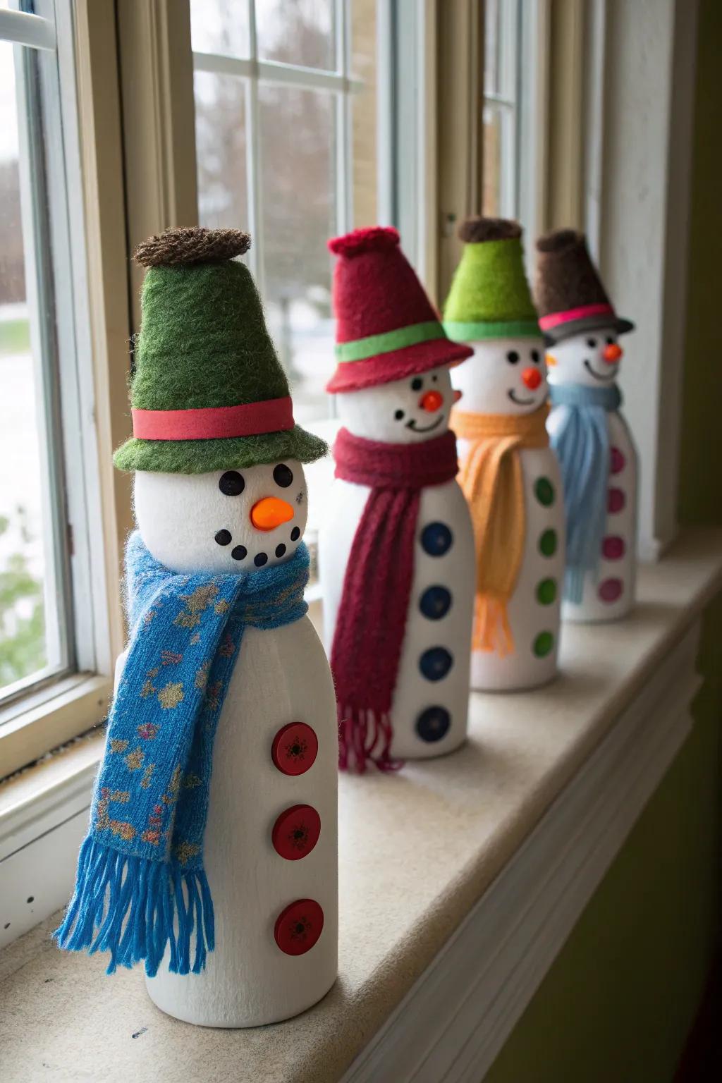 Repurposed flask snow figures demonstrate creativity and sustainability.