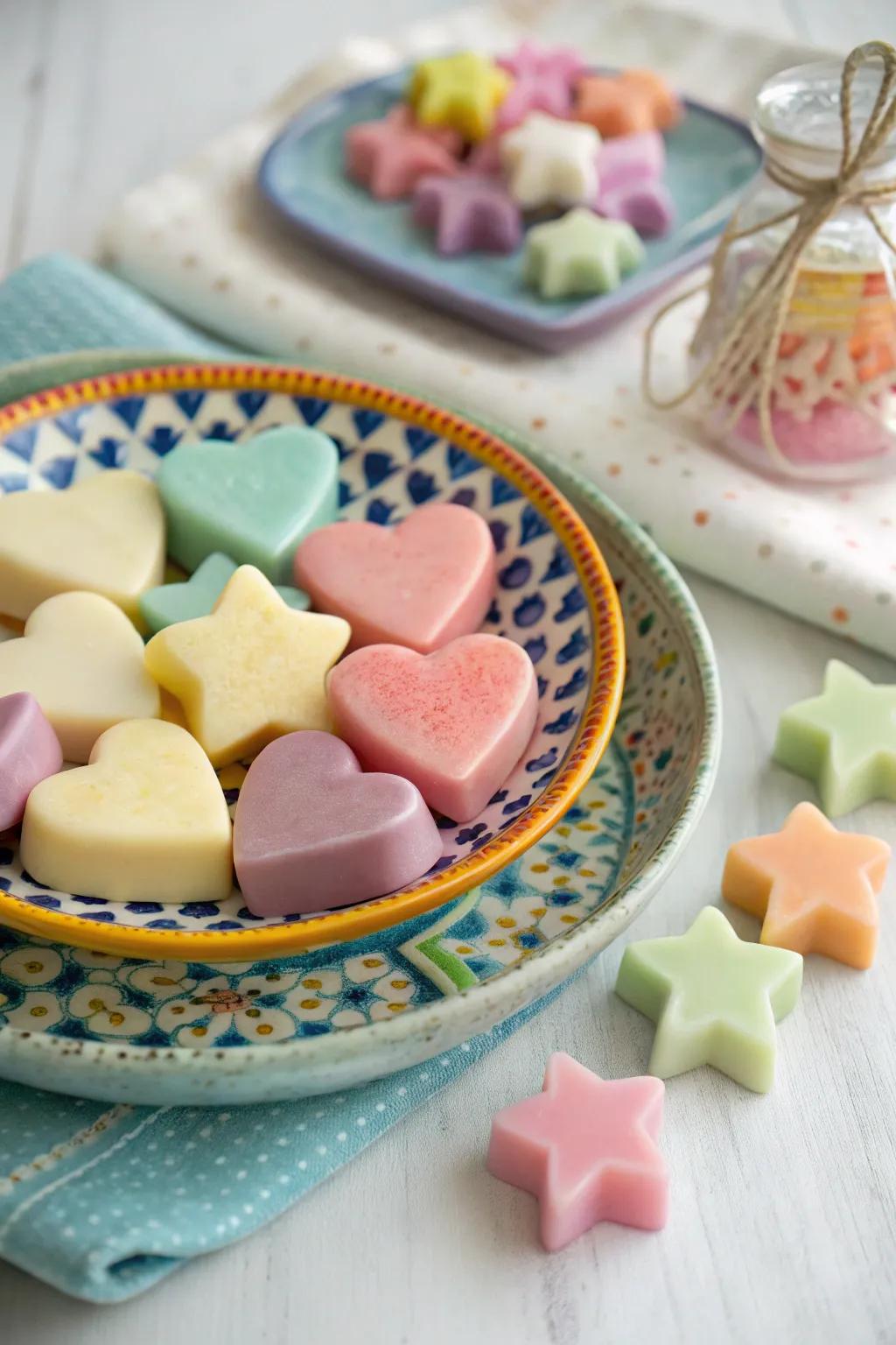 Playful bath bar shapes like hearts and stars that are ideal for adding fun to any space.
