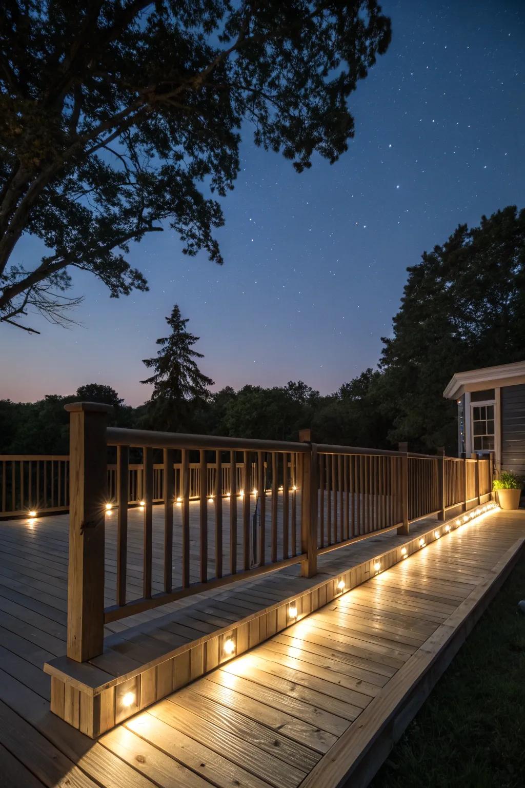 Subtle below-rail illumination adds depth to your deck.