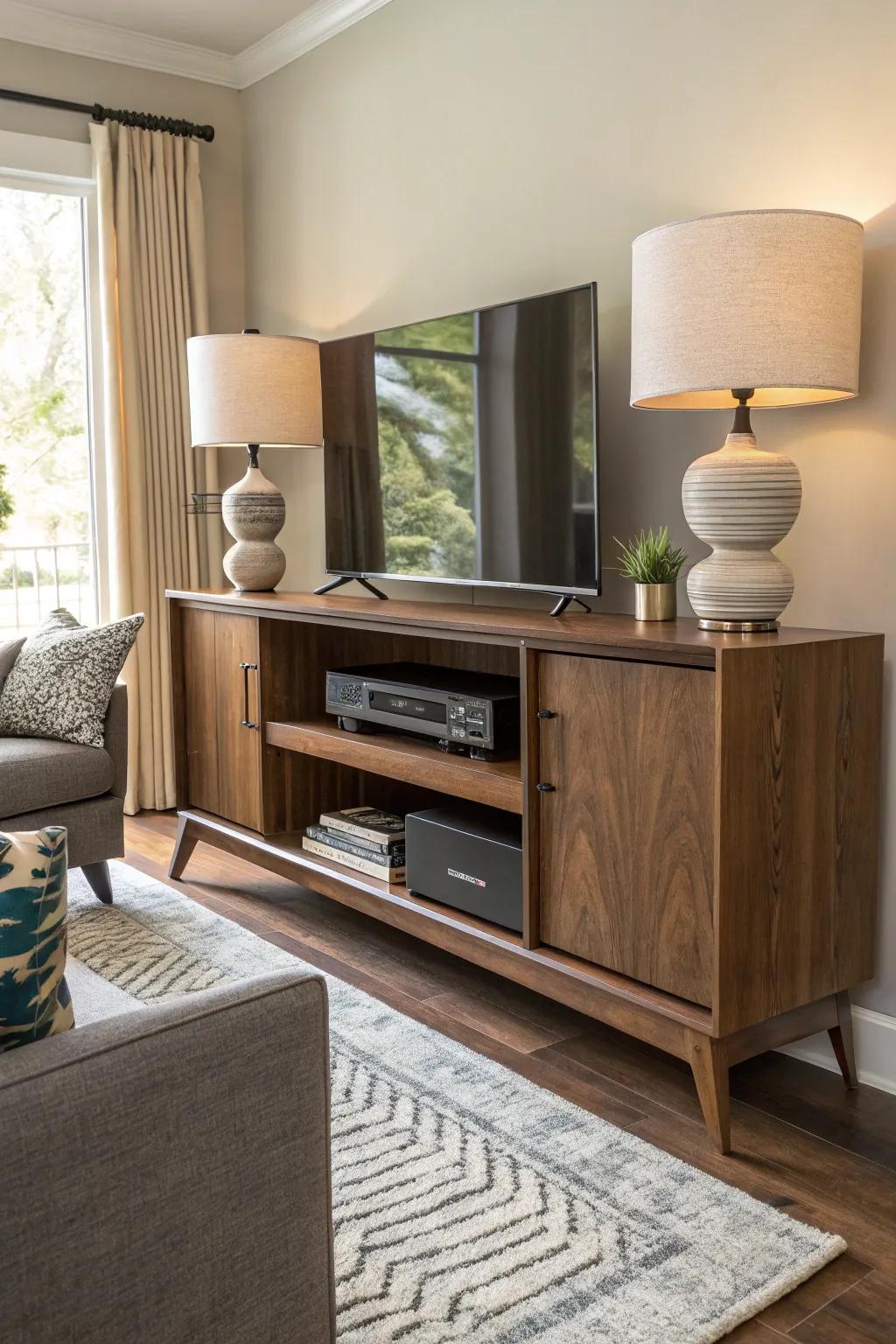 Audio enhancer tastefully tucked away in a living room cabinet