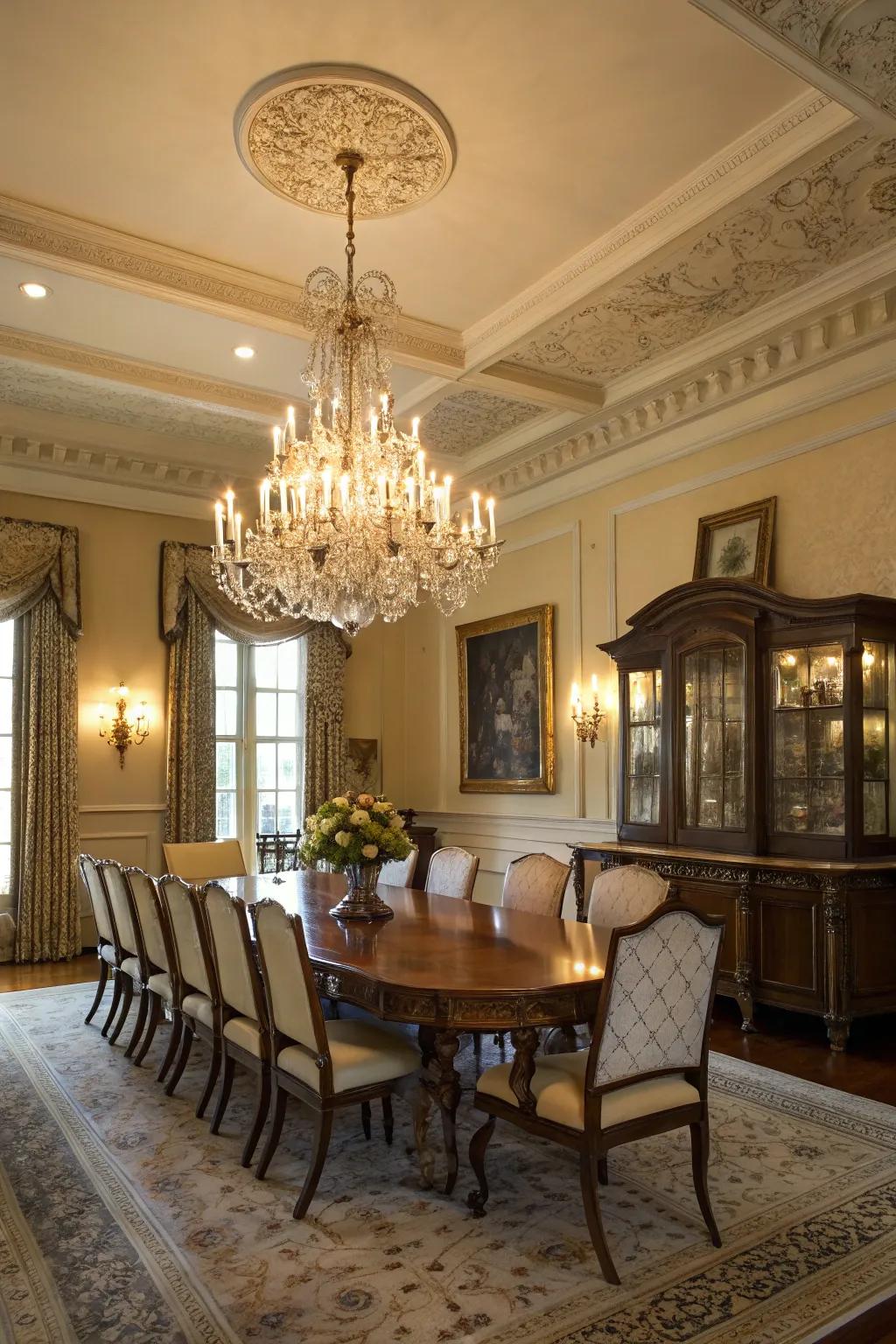 A conspicuous light fixture that enhances sophistication to a Southern dining room.