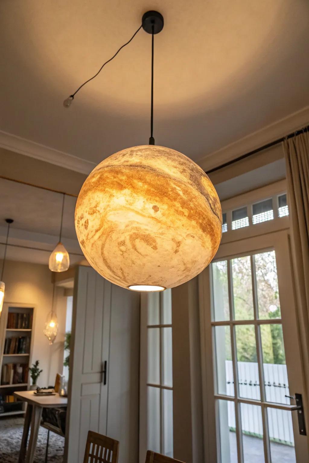 Planet-inspired light fixtures include an lively object.