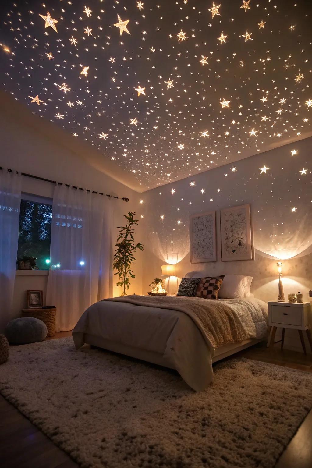 An enthralling starry ceiling created by an illuminated projector.