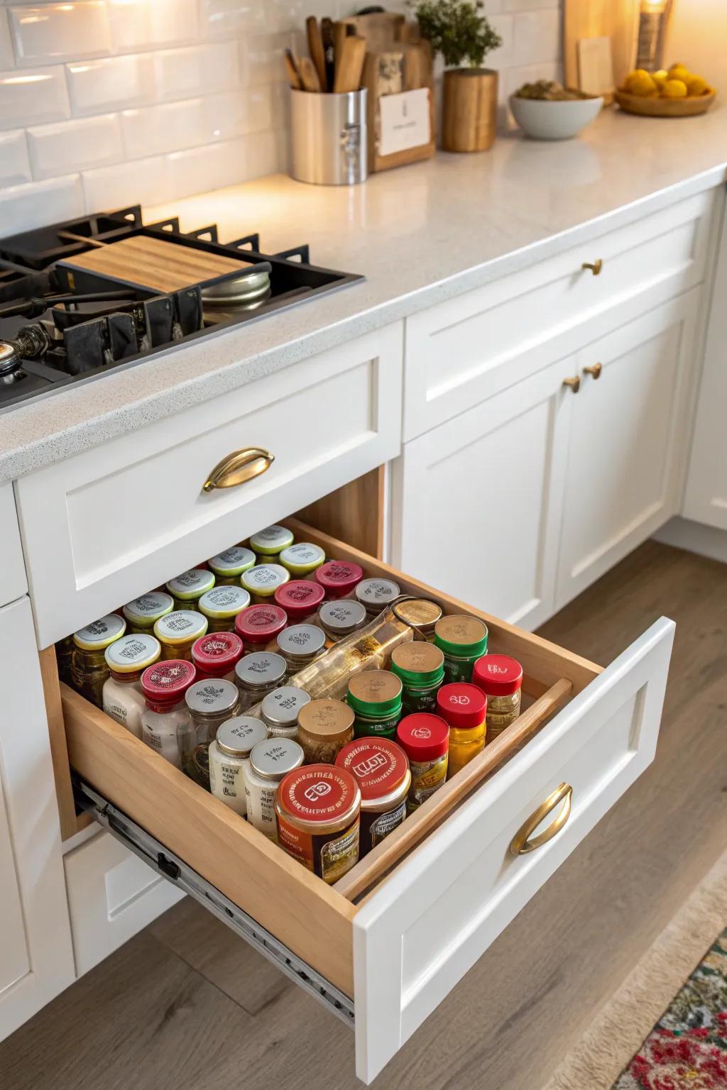 Neatly arranged spices in a slide-out drawer.
