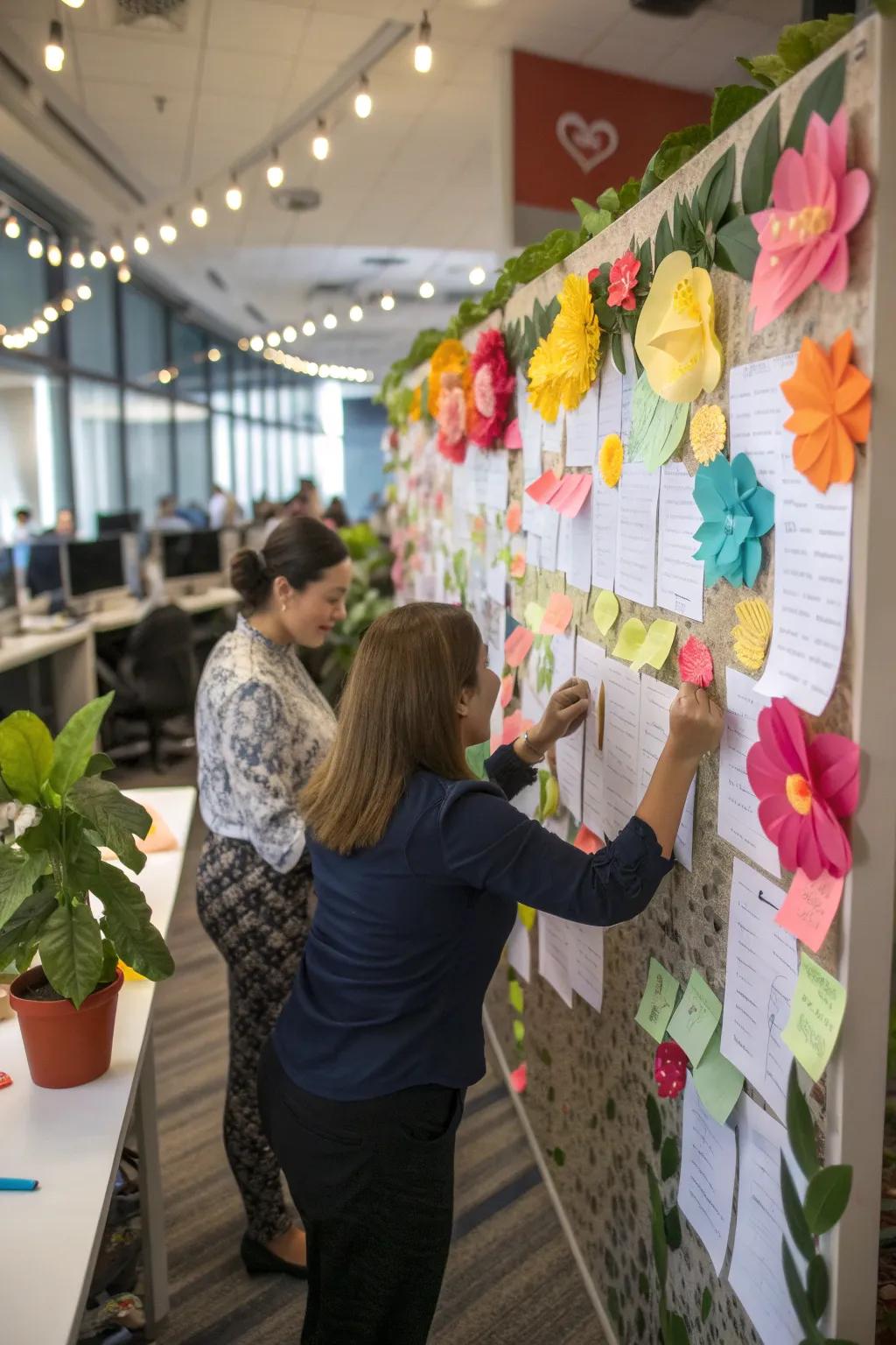 An interactive office pinboard adorned with crafted flowers symbolizing team objectives.