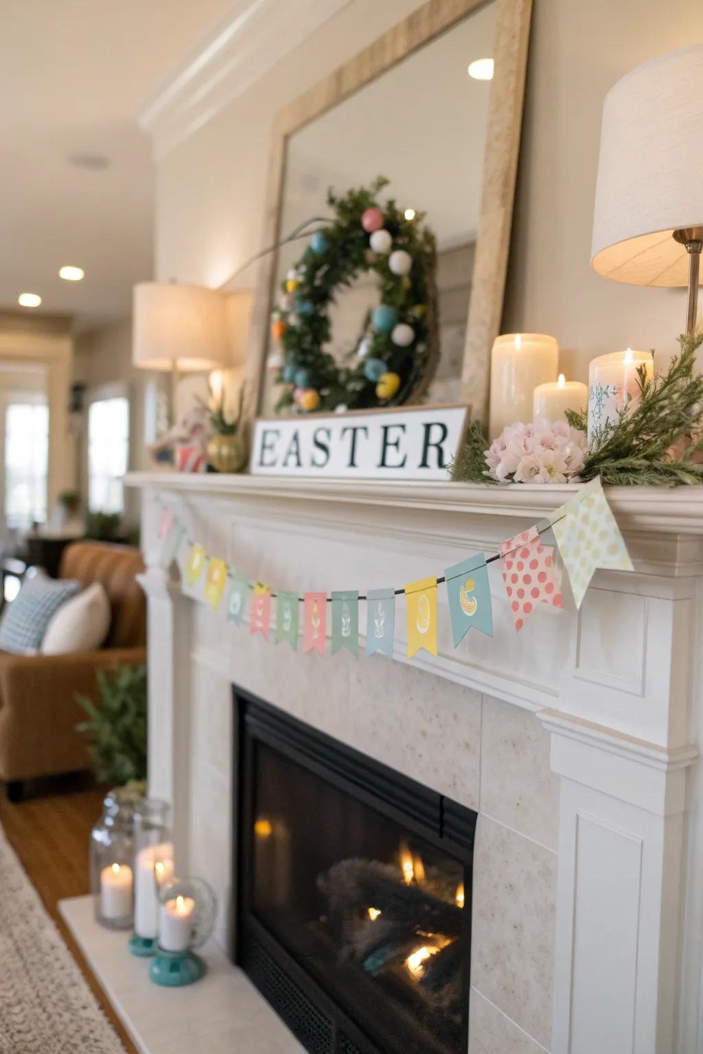 A celebratory streamer adds a stylish touch to the mantel.