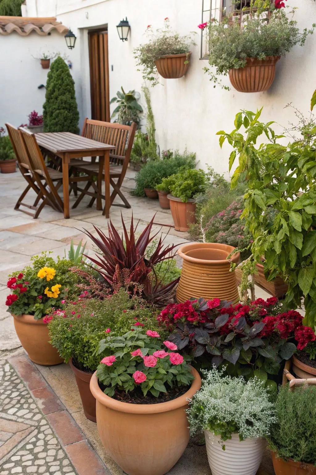 An array of potted flora introduces a burst of color and flair to any patio.