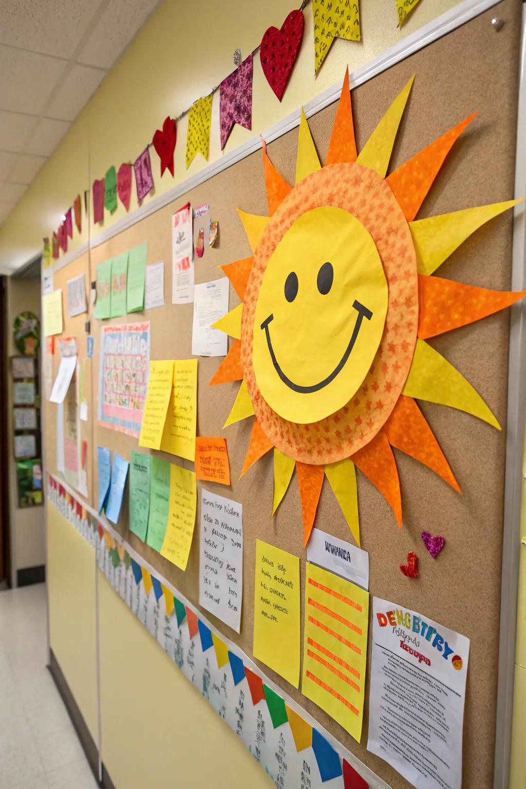 A cheerful sun radiating warmth across the notice board.