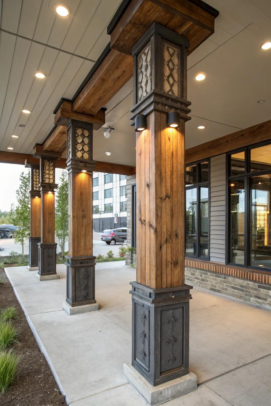 Combining materials in rectangular pillars offers a modern factory charm.