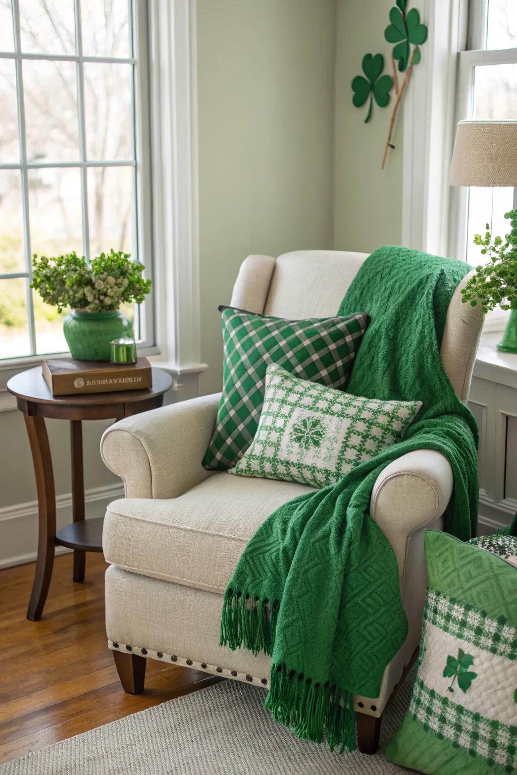 A cozy emerald nook in the home, set for memorable photo moments.