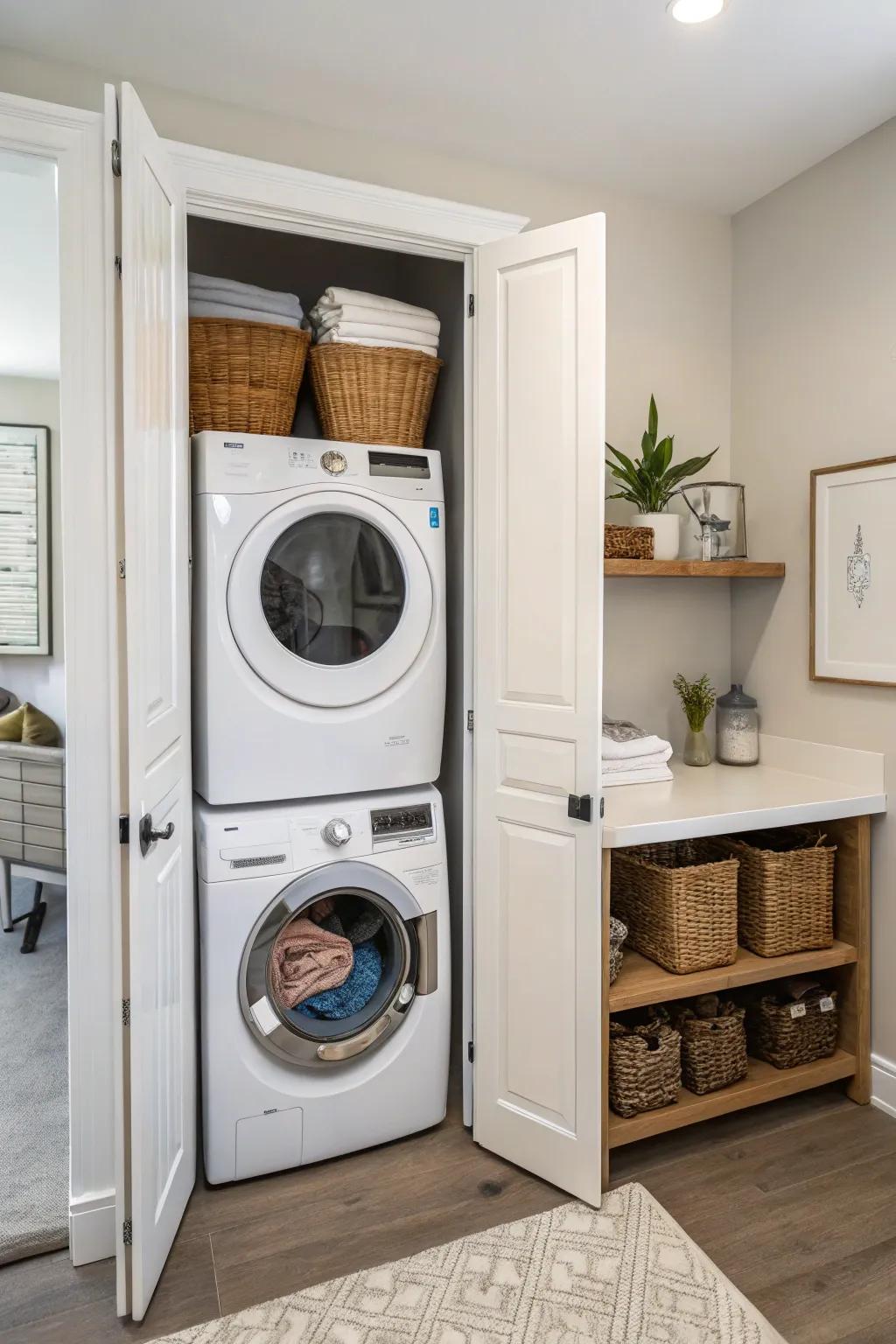 A hidden nook maintains your laundry area out of sight and orderly.