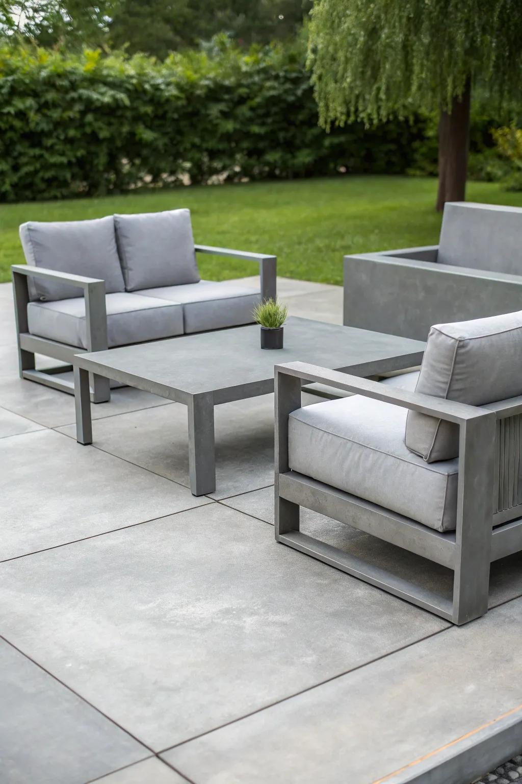A chic patio showcasing gray-tinted concrete and modern furniture.