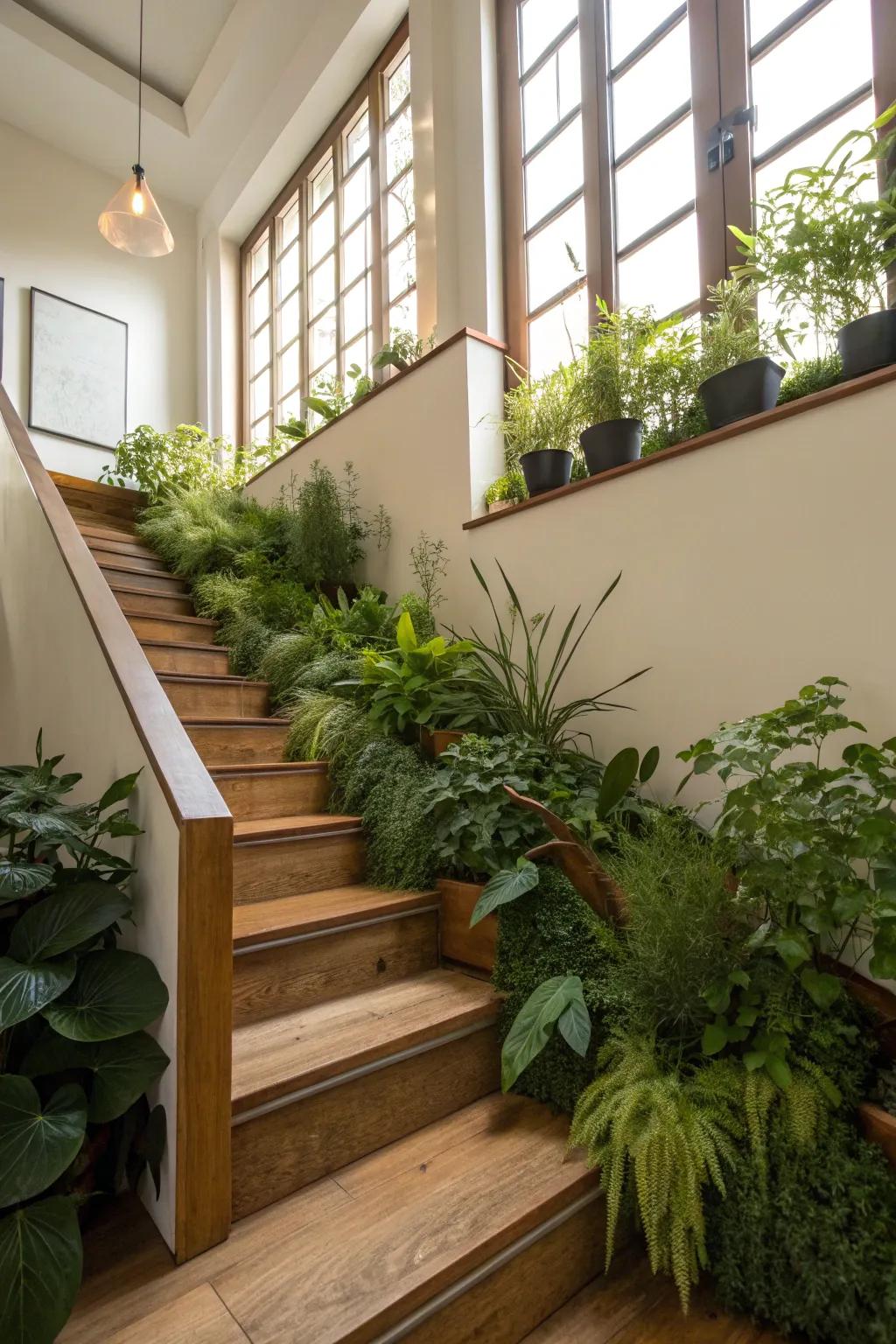 Integrated flora boxes contribute an impression of the natural world to this residential stairwell.