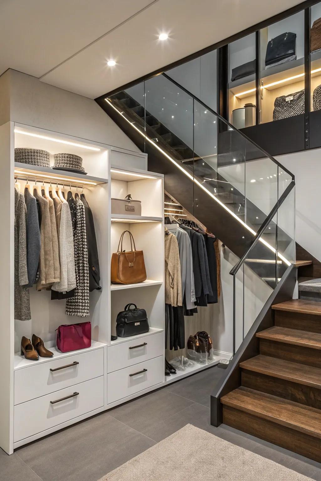 Transform your staircase into a compact closet through hanging poles.