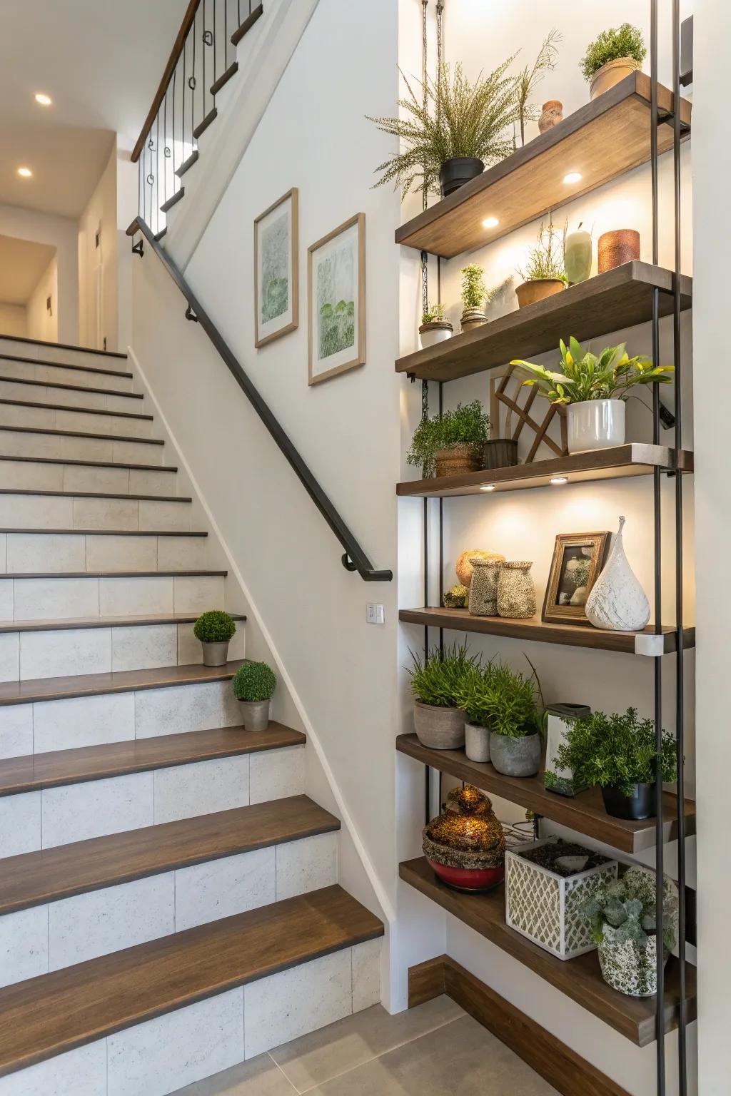 Wall-mounted shelving delivers a stylish avenue for showcasing decor on your staircase.