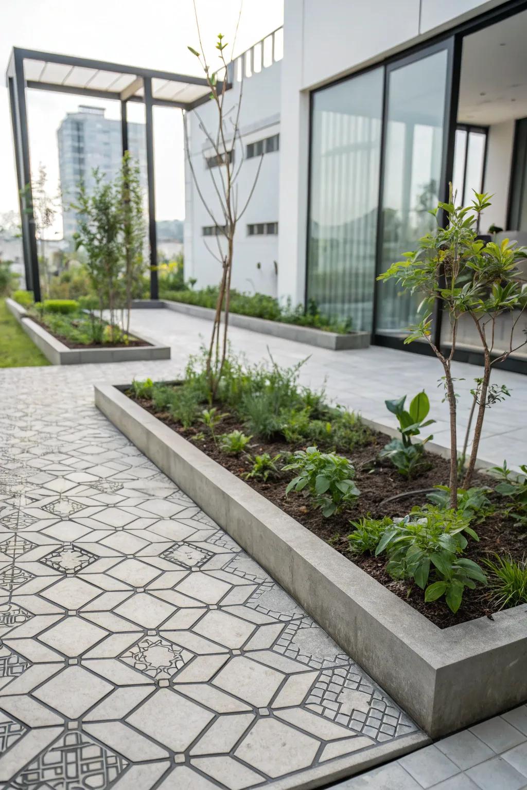 Modern-day garden featuring a geometric design stamped concrete border