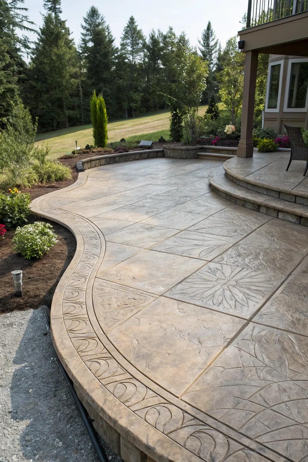 A stamped concrete patio showcasing elegant curved edges.