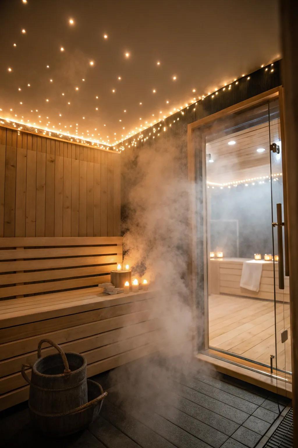 Ambient illumination enhances the soothing impact of steam enclosures.