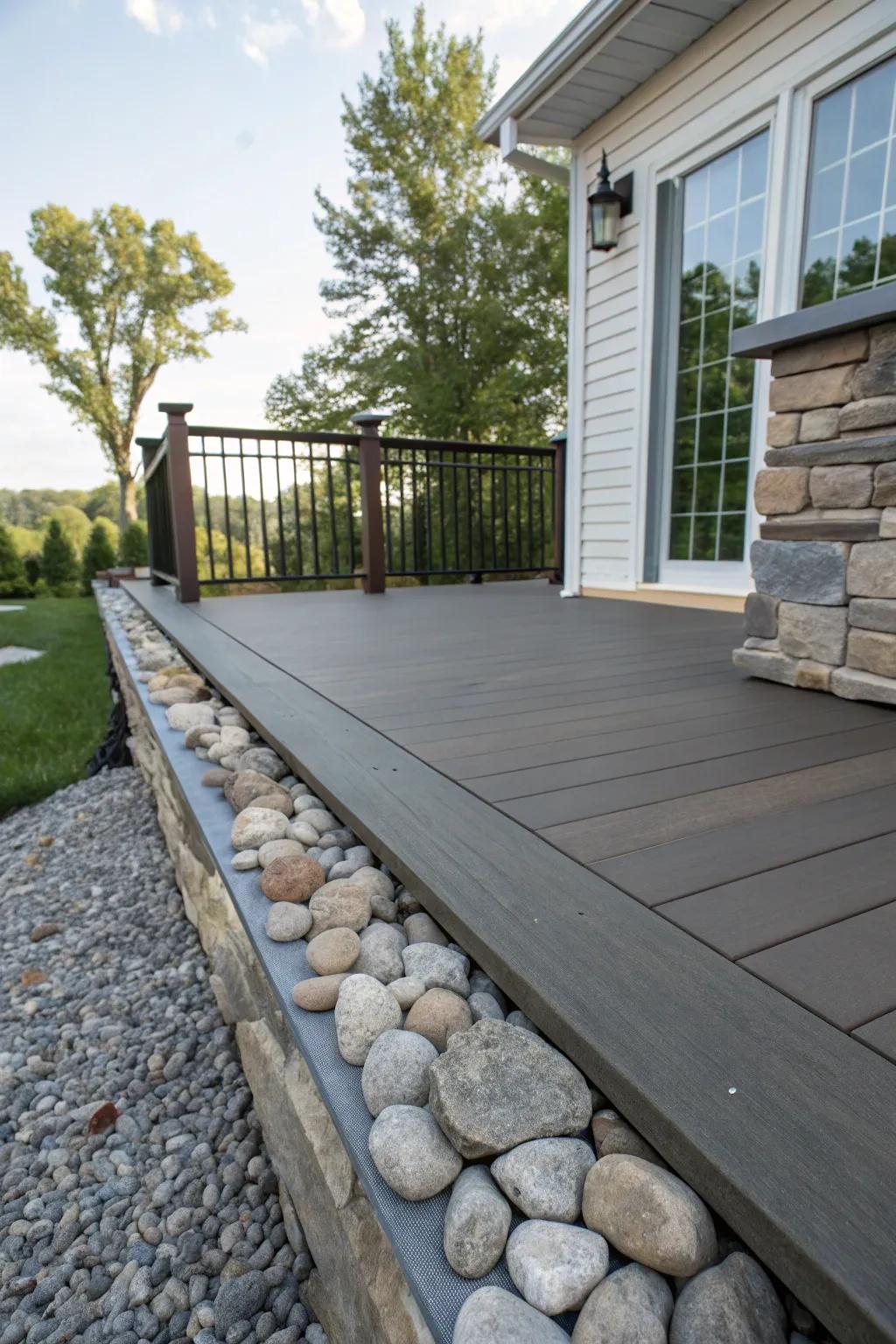 An engaging assortment of sleek and textured rock skirting, enriching the deck’s visual appeal.