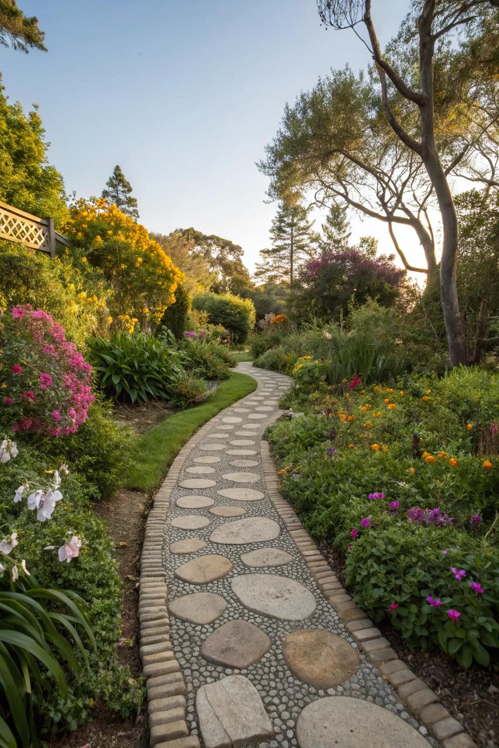 A textured, appealing stone pathway winding through the garden.