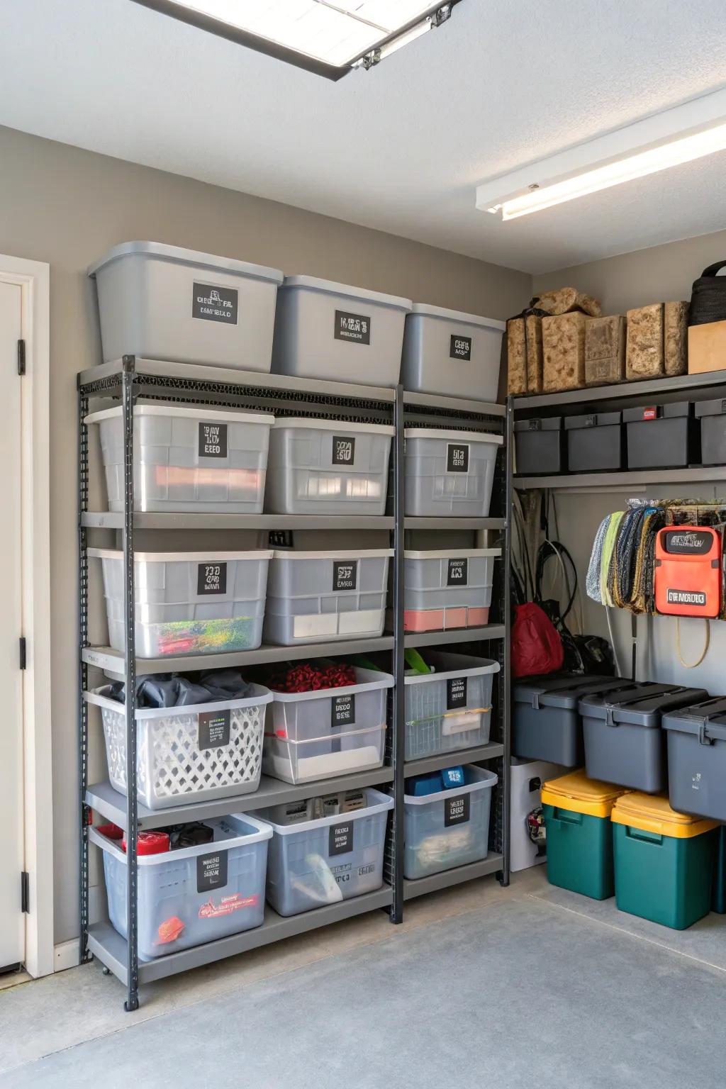 An organized garage featuring labeled containers for effortless access.