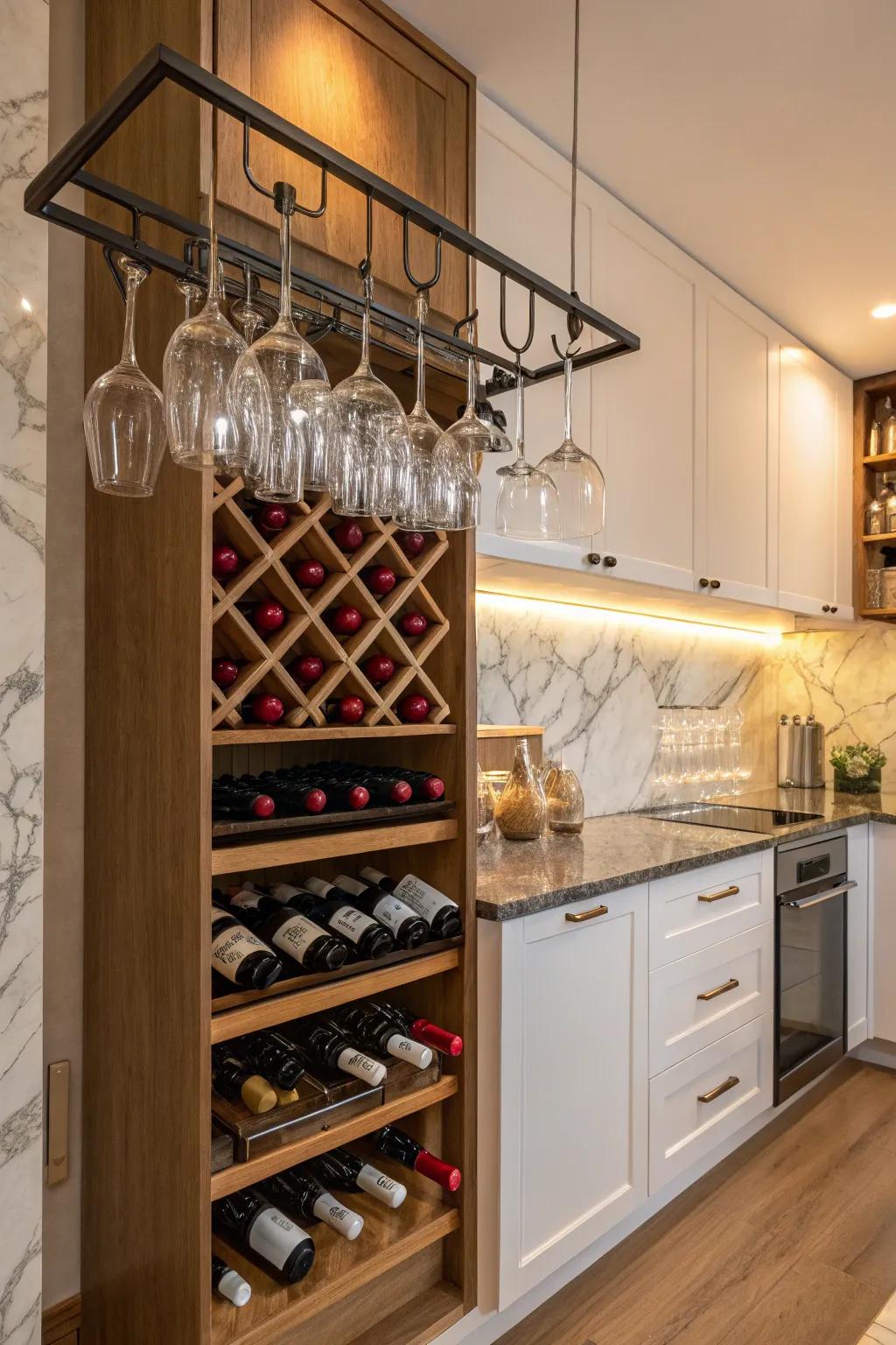 A mini-bar arrangement that merges wine and glass storage.