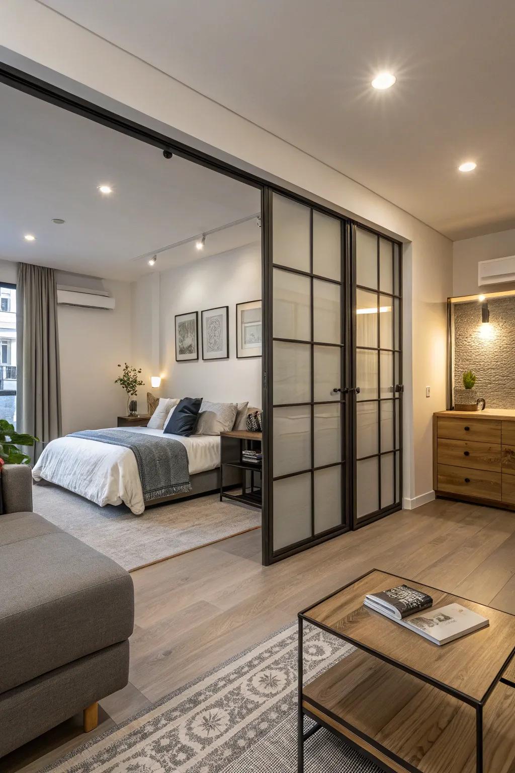 Mobile panels deliver solitude and adaptability in a studio blueprint.