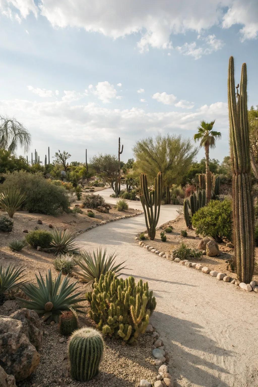 An arid-inspired space with sand, granules, and cacti cultivating a stunning panorama.