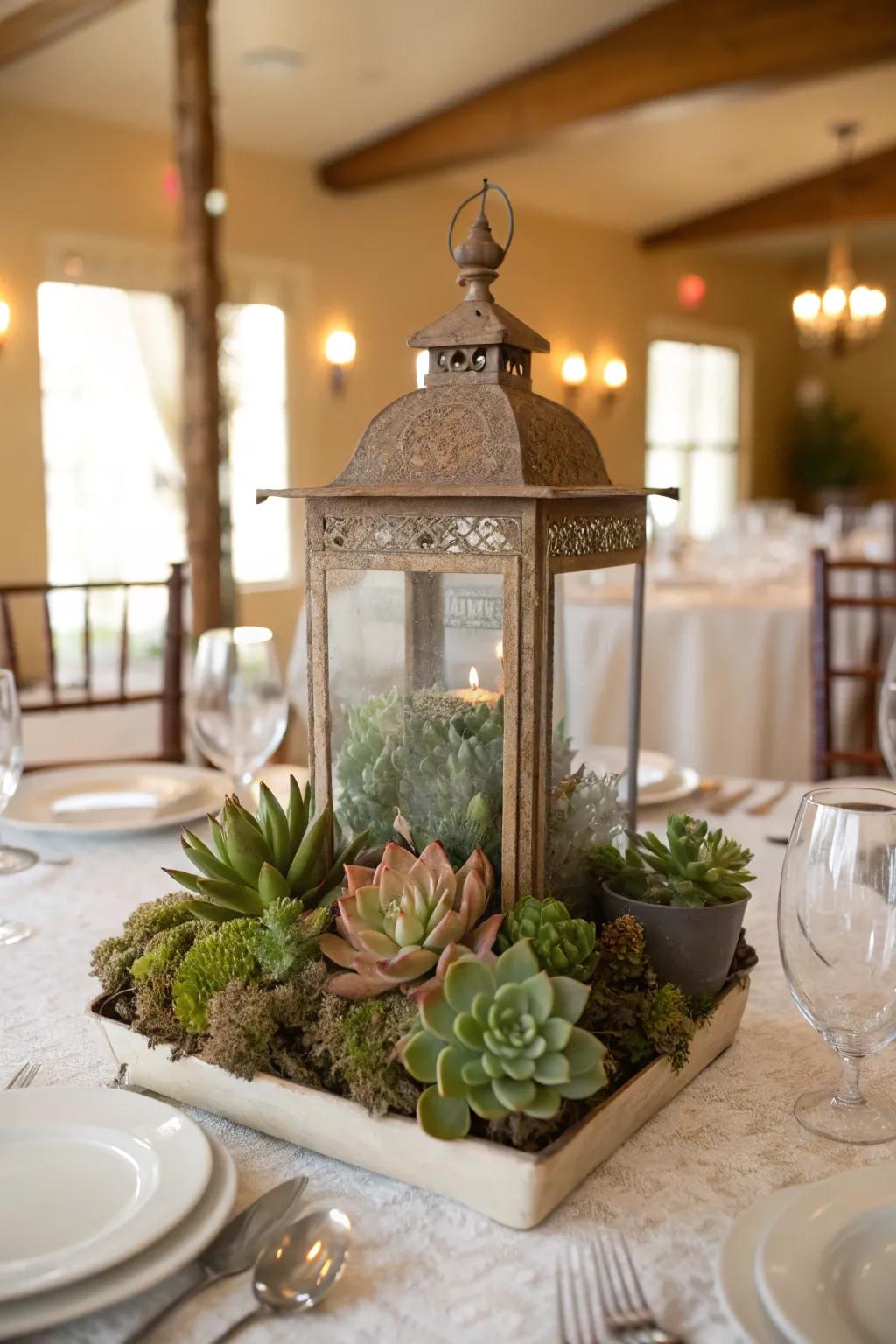 Timeless lanterns fashion mesmerizing succulent centerpieces.