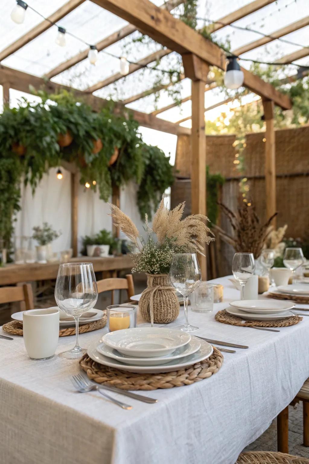 A stylishly arranged table within a sukkah, displaying pristine tableware alongside rustic details.