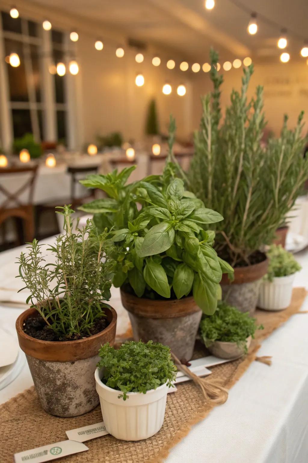 Centerpieces of fresh herbs that give a lovely scent to the table.