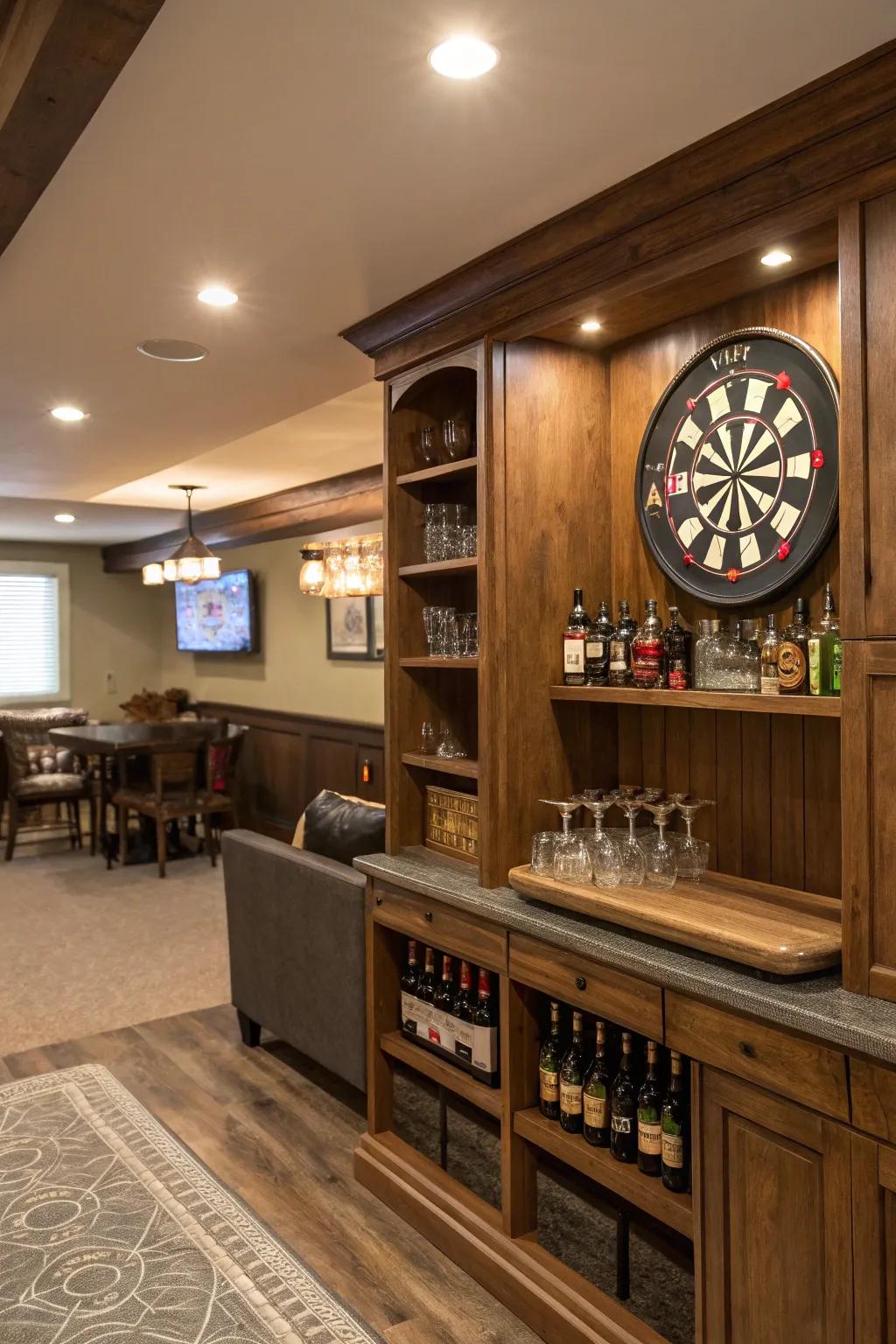 A bullseye board adds a playful element to this home bar setup.