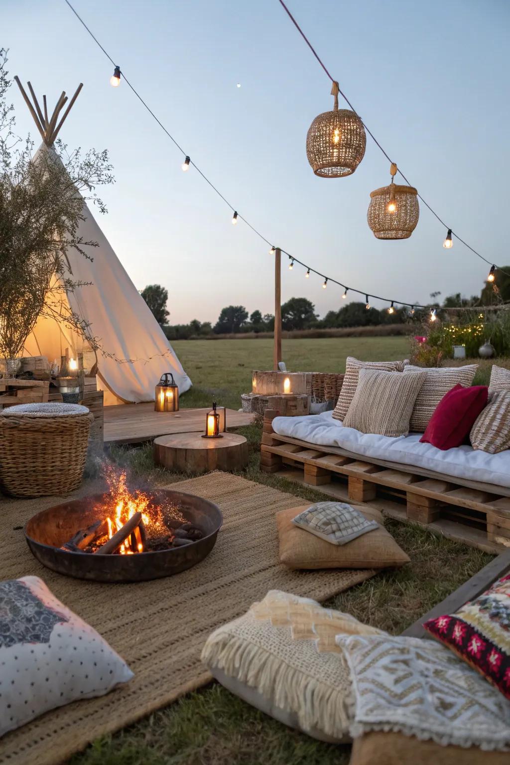 A comfortable unconventional campfire social with warm, welcoming decor.