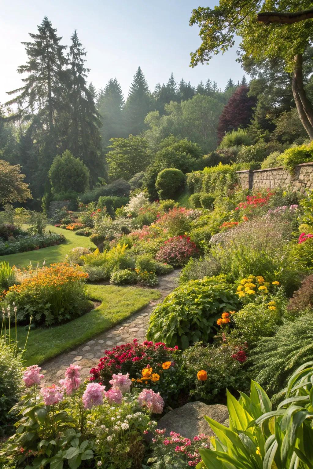 An exuberant, verdant sunken garden buzzing with vitality.
