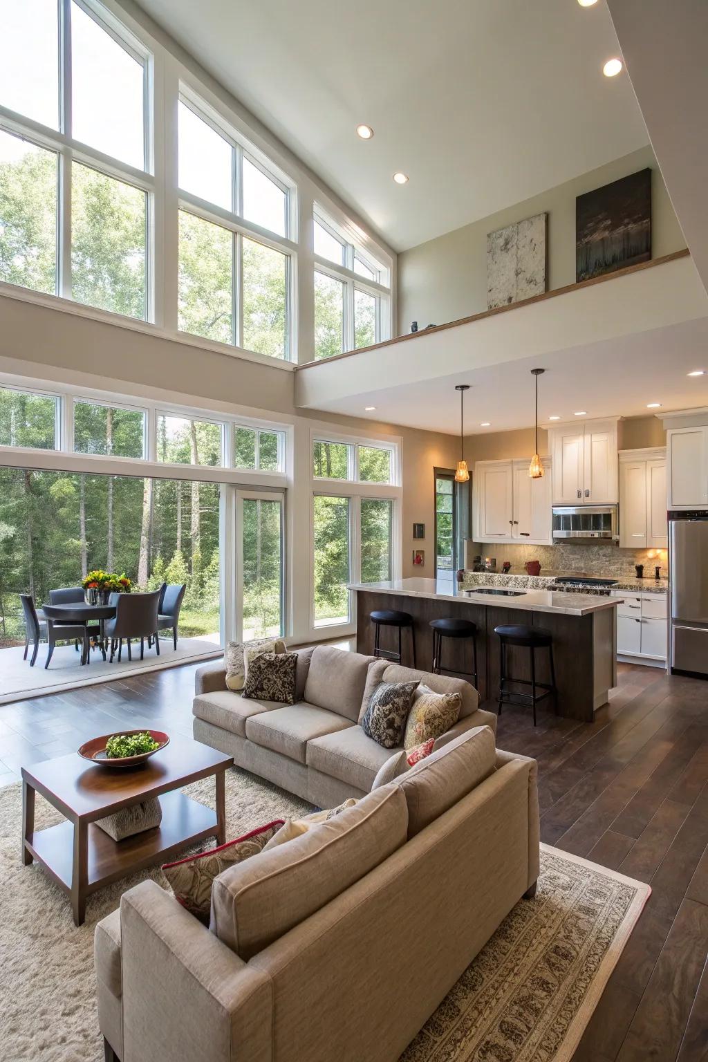 An open floor plan with a sunken living room.