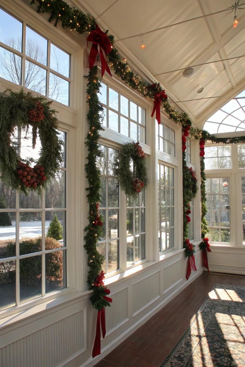 Encapsulate your sun parlor with celebratory wreaths and garlands.