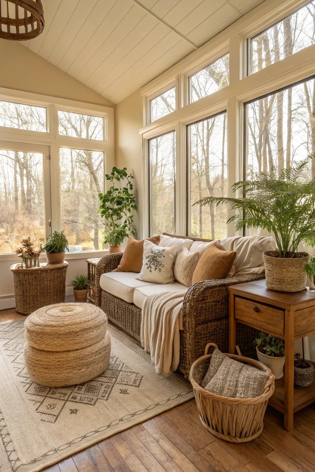 Subtle and organic colors fashion a serene sunroom ambiance.