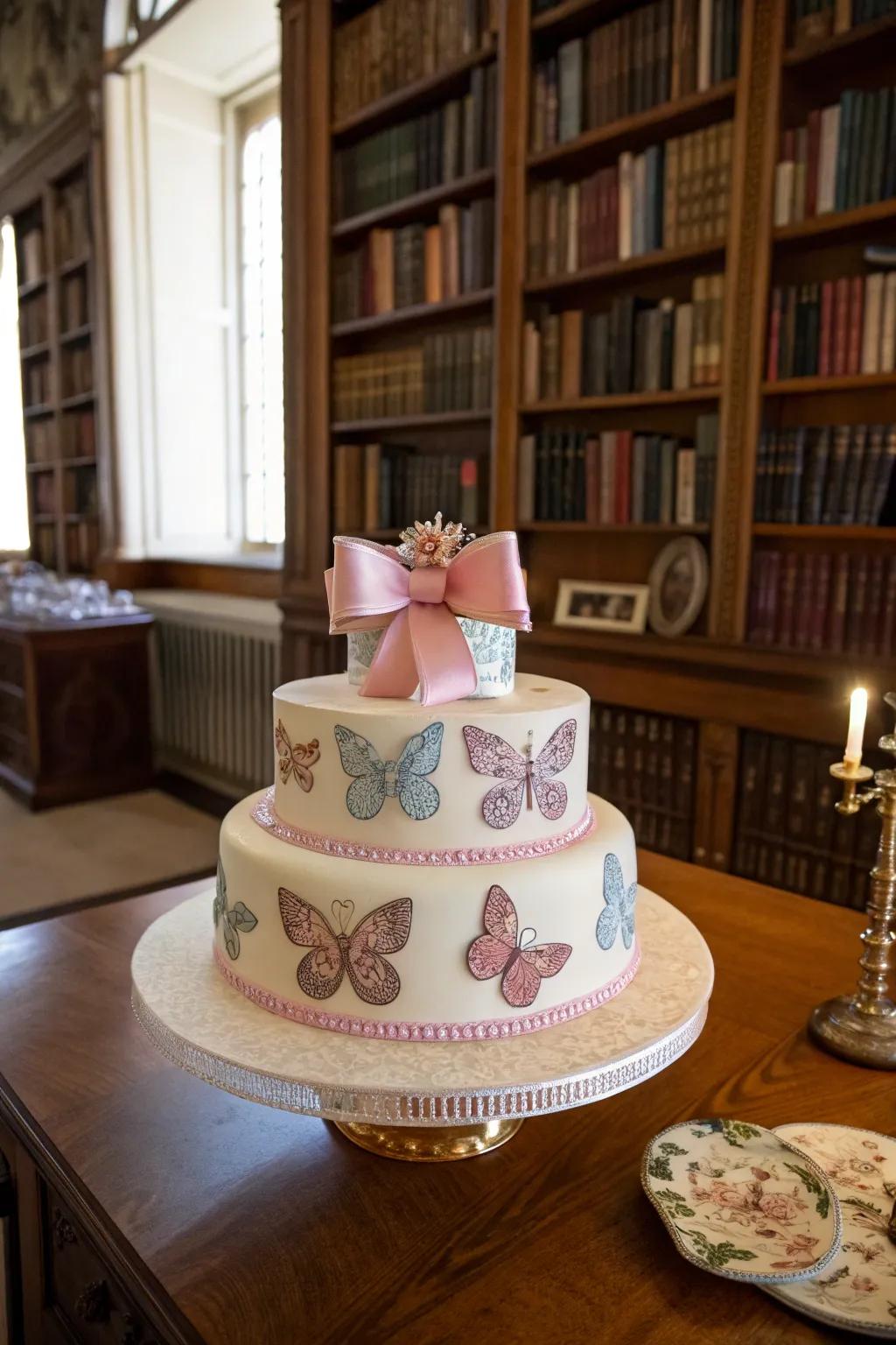 A whimsical cake adorned with lepidopterans and ribbons, ideal for a fairytale celebration.