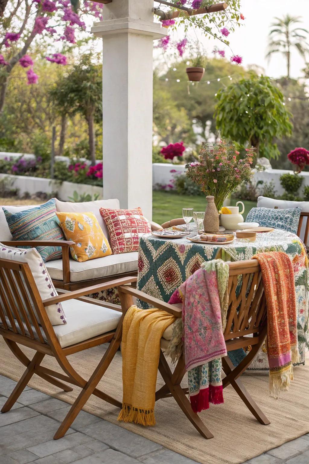 Cushions and throws supply comfort and elegance to exterior seating.