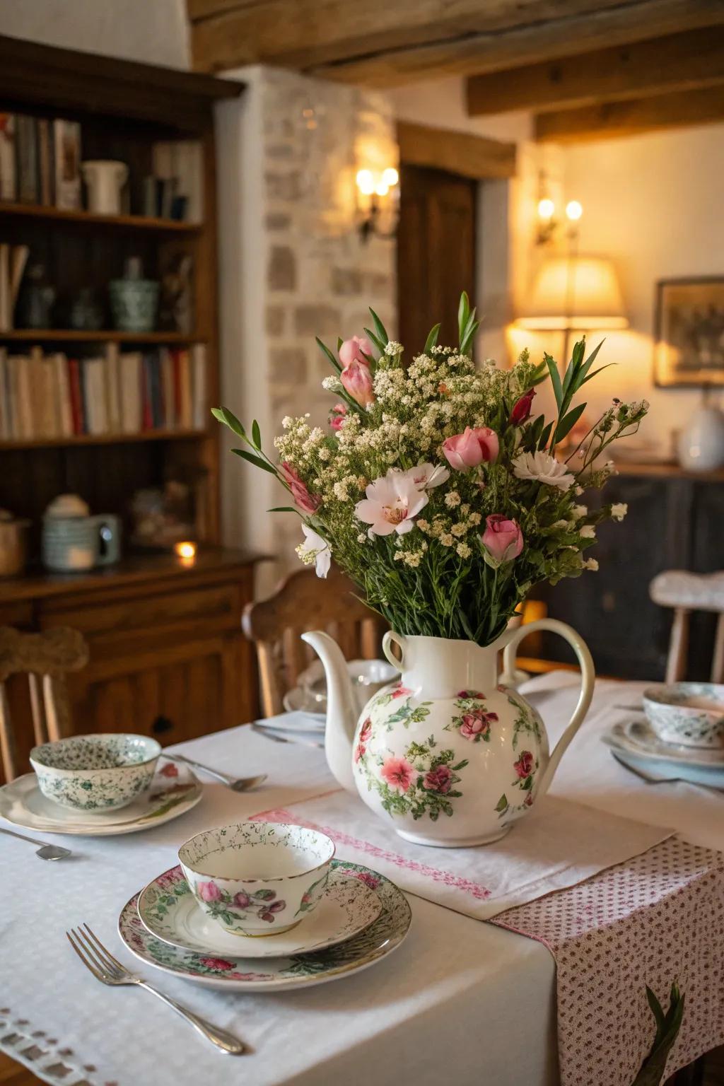 A floral arrangement within a vintage teapot, injecting a whimsical touch into the table.
