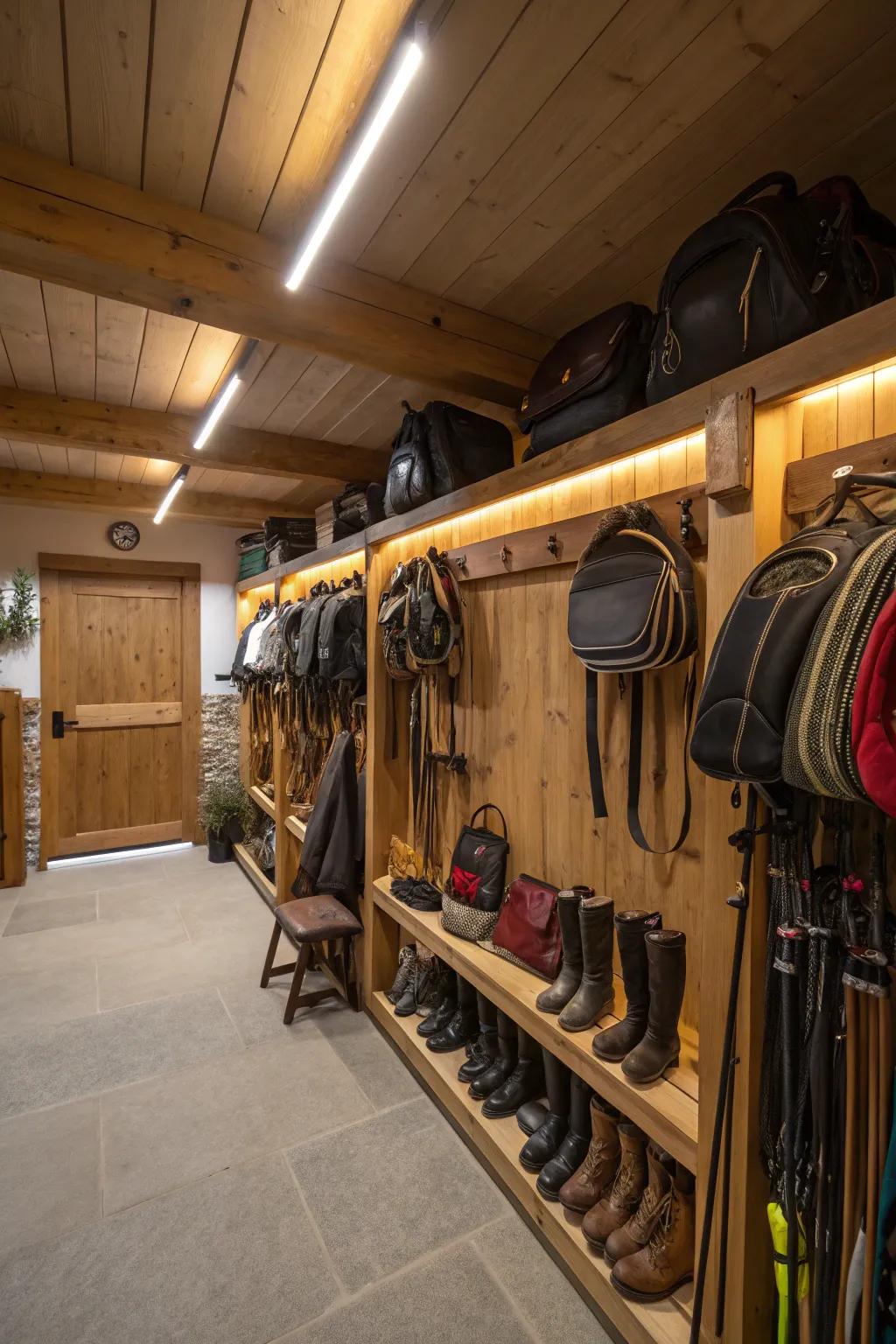 A well-lit tack room using a mix of natural and LED lighting.