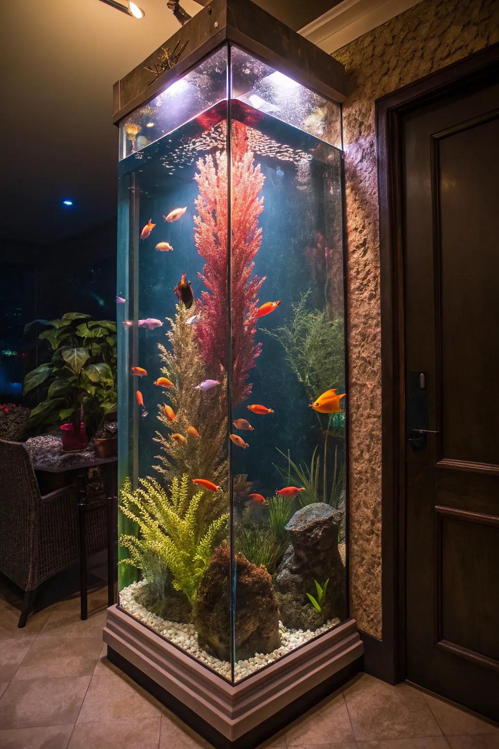 An illuminated towering aquarium exhibiting dynamic aquatic existence.
